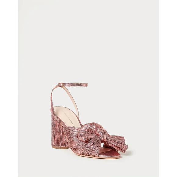 NEW LOEFFLER RANDALL women's camellia pleated bow heel sandal in metallic rose - Picture 1 of 5